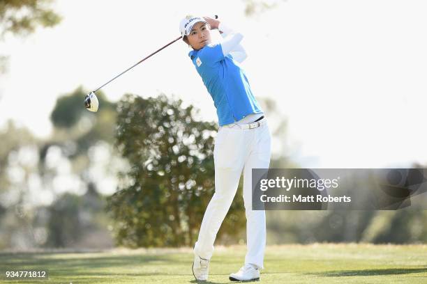 Ayaka Matsumori of Japan hits her tee shot on the 5th hole during the second round of the T-Point Ladies Golf Tournament at the Ibaraki Kokusai Golf...