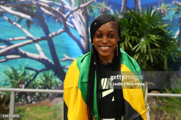 Elaine Thompson of the Jamaican 2018 Commonwealth Games team arrives at the Gold Coast Airport on March 20, 2018 in Gold Coast, Australia.