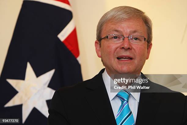 Australian Prime Minister Kevin Rudd speaks before presenting former West Indies cricketer Brian Lara with the insignia of the Order of Australia...