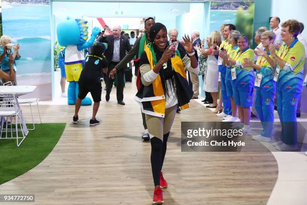 Elaine Thompson of the Jamaican 2018 Commonwealth Games team arrives at the Gold Coast Airport on March 20, 2018 in Gold Coast, Australia.
