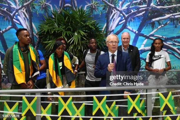 Elaine Thompson and Julian Forte and the Jamaican 2018 Commonwealth Games team are welcomed by Chairman Peter Beattie and CEO Mark Peters at the Gold...