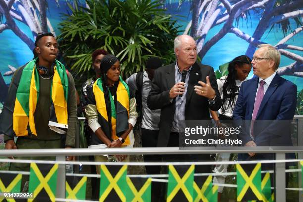 Elaine Thompson and Julian Forte and the Jamaican 2018 Commonwealth Games team are welcomed by Chairman Peter Beattie and CEO Mark Peters at the Gold...