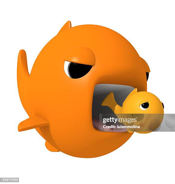 big fish eating smaller one in cartoon - cartoon goldfish stock pictures, royalty-free photos & images