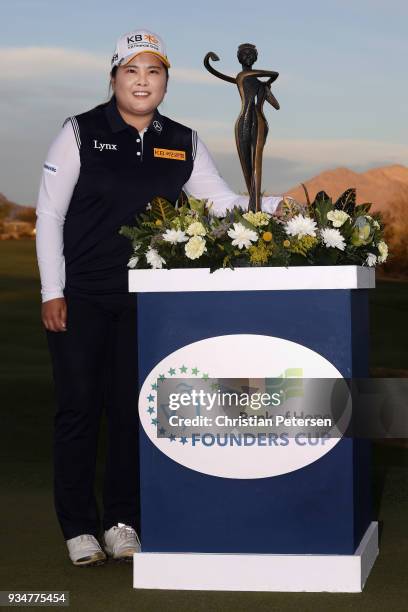 Inbee Park of South Korea poses with the trophy after winning the Bank Of Hope Founders Cup at Wildfire Golf Club on March 18, 2018 in Phoenix,...