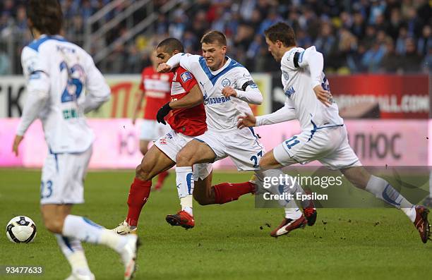Igor Denisov of FC Zenit, St. Petersburg battles for the ball with Morais Veletton of Spartak, Moscow during the Russian Football League Championship...