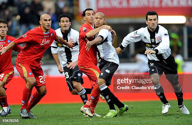 Christian Panucci and Jonathan Biabiany of Parma in aciton against Salvatore Aronica and Paolo Cannavaro of Napoli during the Serie A match between...