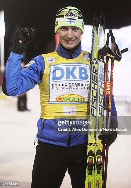 Hannu Manninen of Finland celebrates after winning in the 10km Gundersen event during day two of the FIS Nordic Combined World Cup on November 29,...