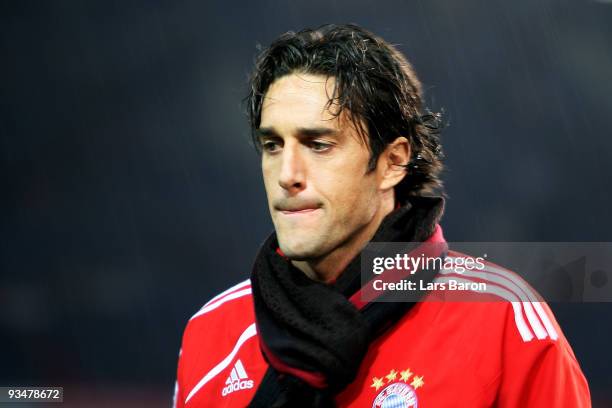 Luca Toni of Bayern looks on prior to the Bundesliga match between Hannover 96 and FC Bayern Muenchen at AWD-Arena on November 29, 2009 in Hanover,...