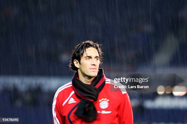 Luca Toni of Muenchen looks on prior to the Bundesliga match between Hannover 96 and FC Bayern Muenchen at AWD-Arena on November 29, 2009 in Hanover,...