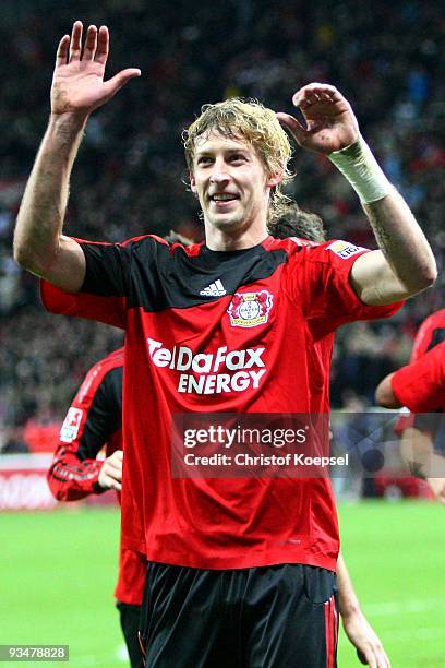 Stefan Kiessling of Leverkusen celebrates after scoring his second goal with during the Bundesliga match between Bayer Leverkusen and VfB Stuttgart...