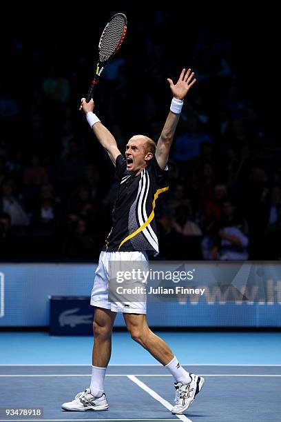 Nikolay Davydenko of Russia celebrates winning the men's singles final match against Juan Martin Del Potro of Argentina during the Barclays ATP World...