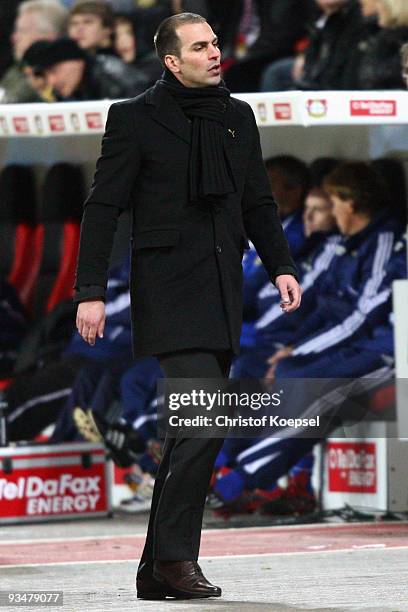 Head coach Markus Babbel of Stuttgart looks dejected during the Bundesliga match between Bayer Leverkusen and VfB Stuttgart at the BayArena on...