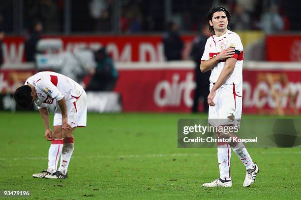 Ricardo Osorio of Stuttgart and Serdar Tasci of Stuttgart looks dejected after losing 0-4 the Bundesliga match between Bayer Leverkusen and VfB...