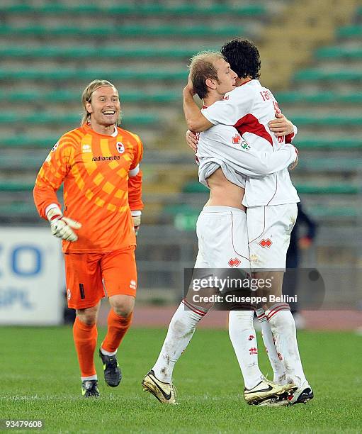 Andrea Masiello of AS Bari celebrates with team mates their victory after the Serie A match between AS Bari and AC Siena at Stadio San Nicola on...