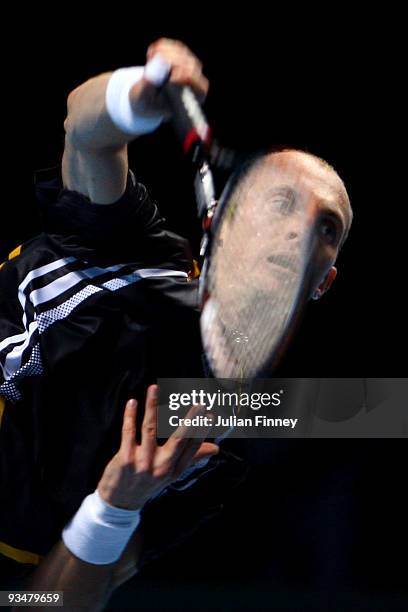 Nikolay Davydenko of Russia serves the ball during the men's singles final match against Juan Martin Del Potro of Argentina during the Barclays ATP...