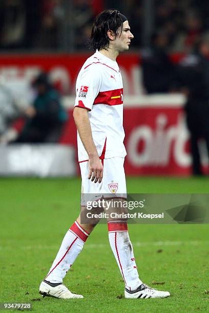 Serdar Tasci of Stuttgart looks dejected after losing the Bundesliga match between Bayer Leverkusen and VfB Stuttgart at the BayArena on November 29,...