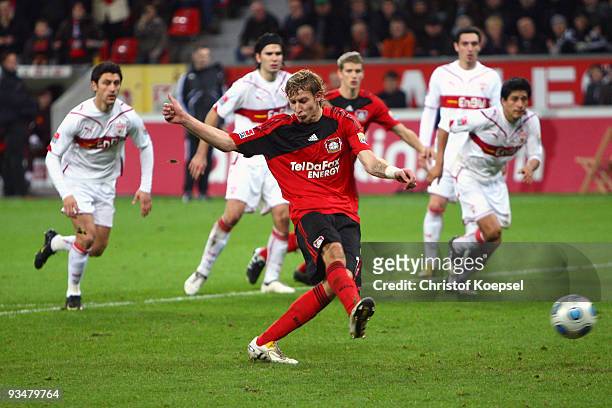 Stefan Kiessling of Leverkusen scores his third goal by penalty during the Bundesliga match between Bayer Leverkusen and VfB Stuttgart at the...