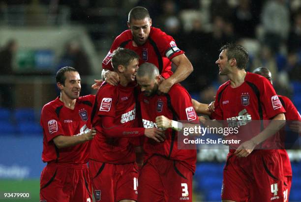 Ipswich forward Jon Stead celebrates the winning goal with team mates during the Coca Cola Championship game between Cardiff City and Ipswich Town at...