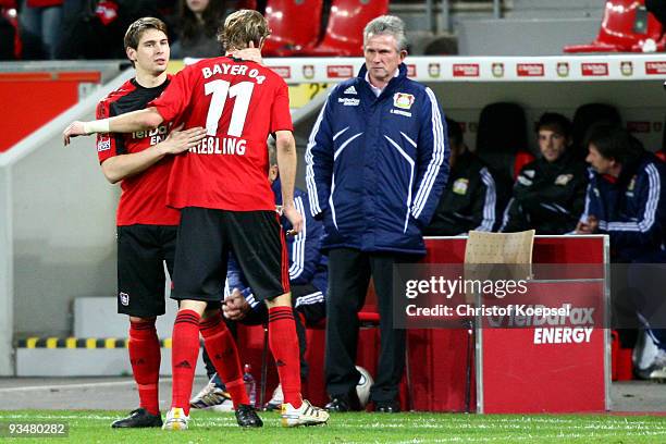 Patrick Helmes substitutes Stefan Kiessling of Leverkusen after a nine month injury during the Bundesliga match between Bayer Leverkusen and VfB...