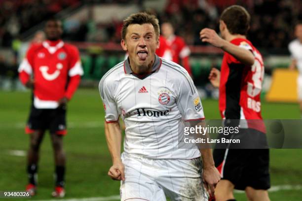 Ivica Olic of Muenchen celebrates after scoring his team's second goal during the Bundesliga match between Hannover 96 and FC Bayern Muenchen at...