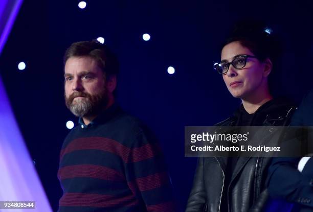Actors Zach Galifianakis and Sarah Silverman attend the Venice Family Clinic's 36th Annual Silver Circle Gal at The Beverly Hilton Hotel on March 19,...