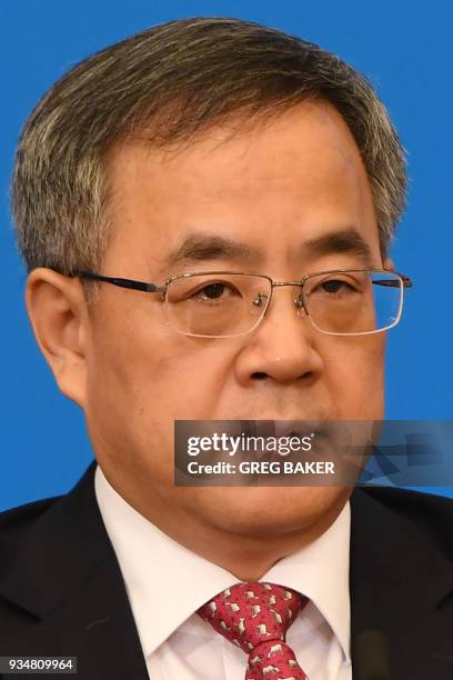 China's Vice Premier Hu Chunhua is seen at a press conference after the closing session of the National People's Congress in the Great Hall of the...