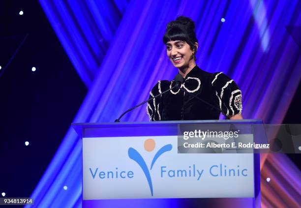 Actress Sunita Mani attend the Venice Family Clinic's 36th Annual Silver Circle Gal at The Beverly Hilton Hotel on March 19, 2018 in Beverly Hills,...