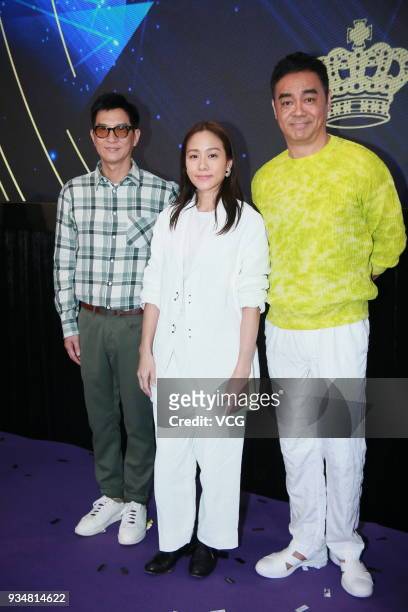 Actor Nick Cheung, actress Karena Lam and actor Sean Lau Ching-Wan attend the Emperor Motion Pictures Press Conference on March 19, 2018 in Hong...