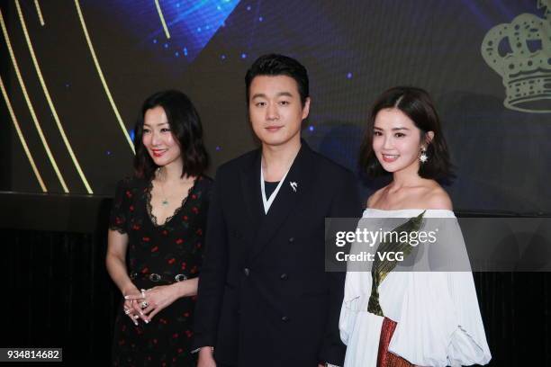 Singer Sammi Cheng, actor David Tong Dawei and actress and singer Charlene Choi attend the Emperor Motion Pictures Press Conference on March 19, 2018...