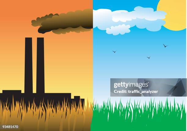 green grass and polluting factory - acid rain stock illustrations