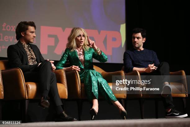 Cody Fern, Judith Light, and Max Greenfield speak onstage during the For Your Consideration Event for FX's "The Assassination of Gianni Versace:...