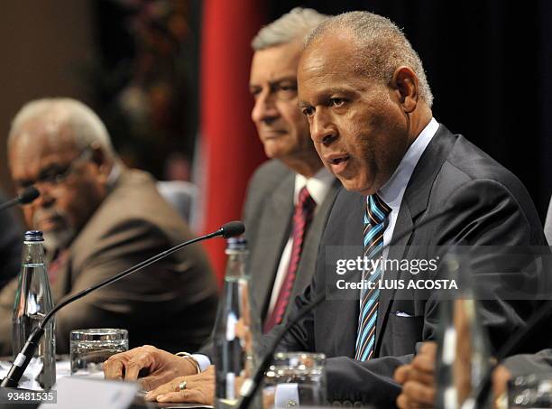 Trinidad and Tobago's Prime Minister Patrick Manning speaks during a press conference at the end of an executive session of the Commonwealth Heads of...