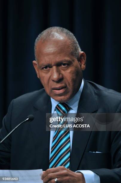 Trinidad and Tobago's Prime Minister Patrick Manning speaks during a press conference at the end of an executive session of the Commonwealth Heads of...