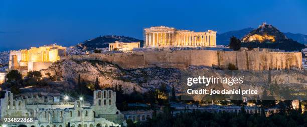 odeon of herodes atticus, pantheon, acropolis, mount lycabettus, blue hour, athens, greece - odeon ancient building stock pictures, royalty-free photos & images