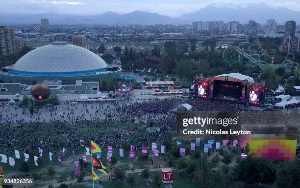 Aerial view of Parque O'Higgins during the second day of Lollapalooza Chile 2018 at Parque O'Higgins on March 17, 2018 in Santiago, Chile.