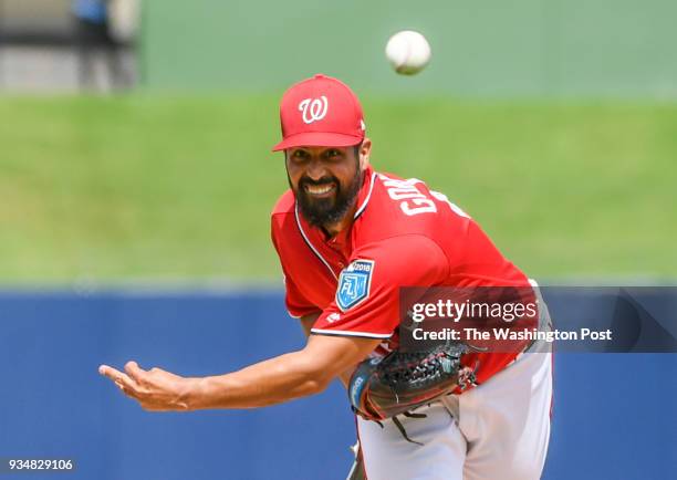 Washington Nationals pitcher Gio Gonzalez pitches during spring training action at against the Miami Marlins Ball Park of the Palm Beaches.