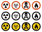 Industry concept. Set of different signs: chemical, radioactive, dangerous, toxic, poisonous, hazardous substances. Vector illustration.