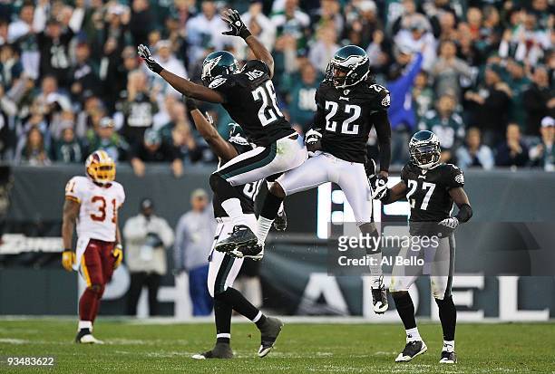 Sean Jones and Asante Samuel of the Philadelphia Eagles celebrate holding off the Washington Redskins during the final drive of their game, winning...