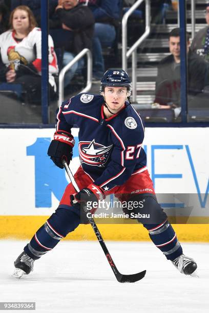 Ryan Murray of the Columbus Blue Jackets skates against the Ottawa Senators on March 17, 2018 at Nationwide Arena in Columbus, Ohio.