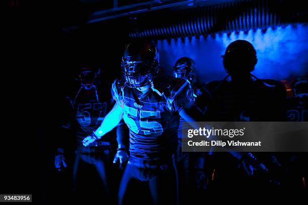 James Laurinaitis of the St. Louis Rams gets ready to take the field against the Seattle Seahawks at the Edward Jones Dome on November 29, 2009 in...