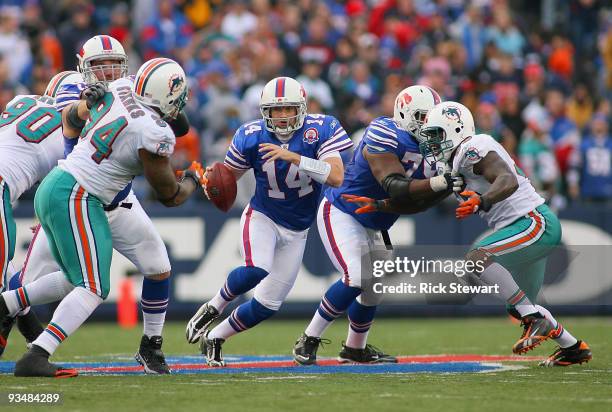 Ryan Fitzpatrick of the Buffalo Bills runs against the Miami Dolphins at Ralph Wilson Stadium on November 29, 2009 in Orchard Park, New York.