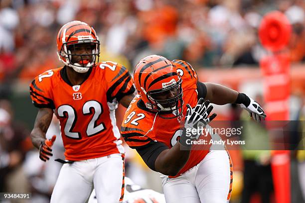 Frostee Rucker of the Cincinnati Bengals celebrates after making a tackle against the Cleveland Browns at Paul Brown Stadium on November 29, 2009 in...