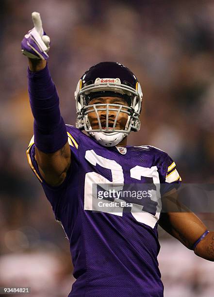 Cedric Griffin of the Minnesota Vikings celebrates after he intercepted a pass in the endzone in the first half against the Chicago Bears on November...