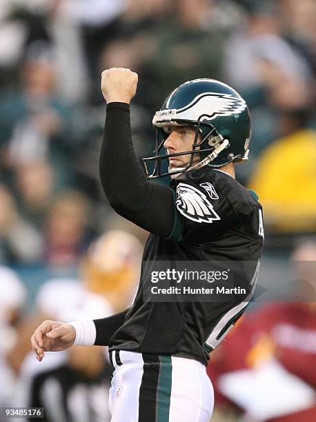 Kicker David Akers of the Philadelphia Eagles reacts after making the game winning field goal during a game against the Washington Redskins on...