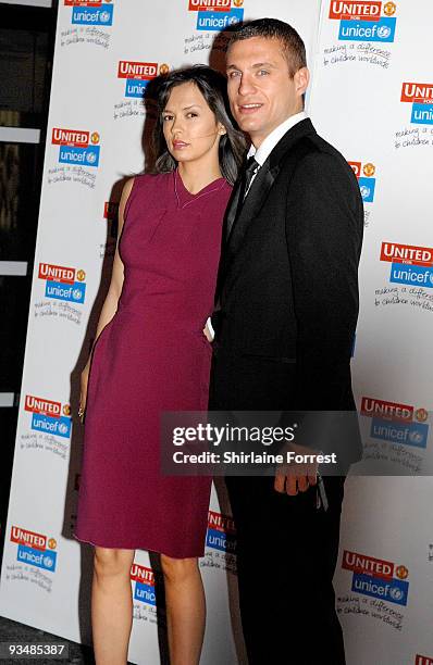 Nemanja Vidic and wife Ana Ivanovic attend the Manchester United annual gala dinner - United For UNICEF at Old Trafford on November 29, 2009 in...