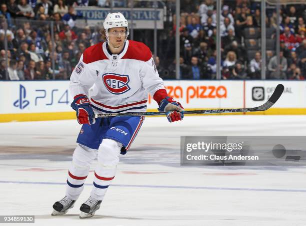Jacob del la Rose of the Montreal Canadiens skates against the Toronto Maple Leafs during an NHL game at the Air Canada Centre on March 17, 2018 in...