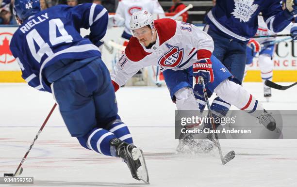 Brendan Gallagher of the Montreal Canadiens forechecks against the Toronto Maple Leafs during an NHL game at the Air Canada Centre on March 17, 2018...