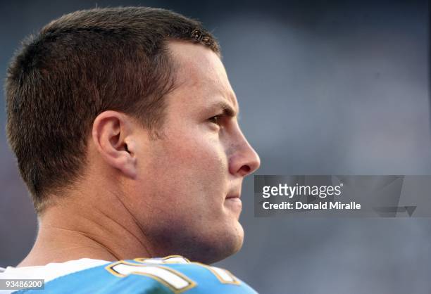 Quaryerback Philip Rivers of the San Diego Chargers looks on from the sideline against the Kansas City Chiefs during the NFL game on November 29,...
