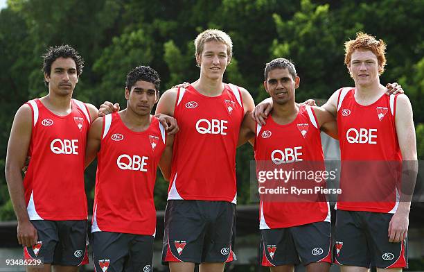 Trent Dennis-Lane, Byron Sumner, Sam Reid, Lewis Jetta and Gary Rohan, new recruits of the Swans, pose during a Sydney Swans Training Session at...