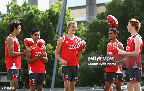 Trent Dennis-Lane, Byron Sumner, Sam Reid, Lewis Jetta and Gary Rohan, new recruits of the Swans, pose during a Sydney Swans Training Session at...